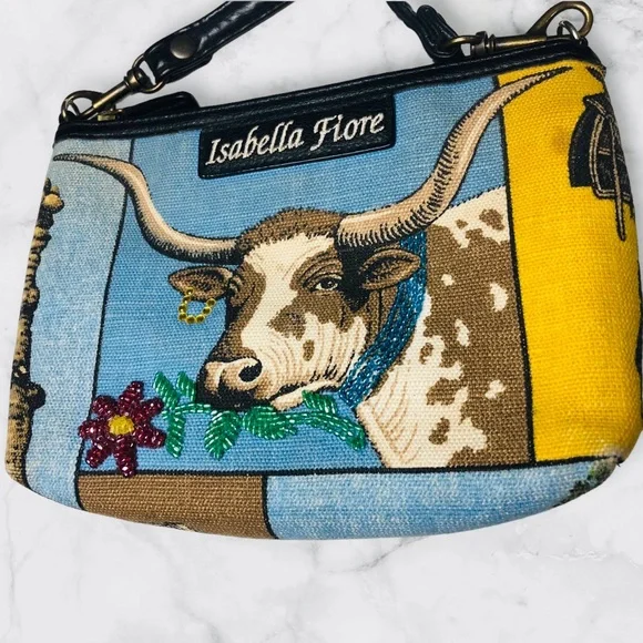 Isabella Fiore Vintage Texas Longhorn Embroidered Embellished Designer Purse Bag - Picture 4 of 9
